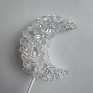 Clear crystal beaded moon cake topper handmade decoration for birthday party and wedding event.
