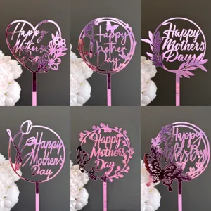 Acrylic Happy Mother's Day Cake Topper Mirror Gold Rose Red Heart Butterfly Tulip Cake Insert Party Baking Decoration