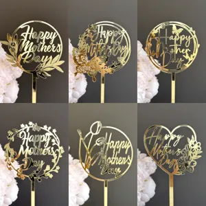 Gold acrylic Happy Mother's Day cake topper set, elegant party dessert decoration.