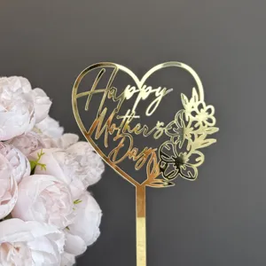 Gold acrylic Happy Mother's Day cake topper, heart shaped floral party decoration.