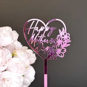 Pink mirror acrylic Happy Mother's Day cake topper detail view, elegant party decoration.
