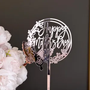 Rose Gold Acrylic Mother's Day Cake Topper with Butterfly Detail for Party Decoration