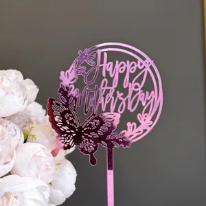Pink acrylic Happy Mother's Day cake topper with butterfly cutout for party dessert decoration.