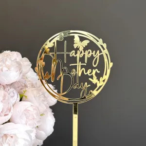 Gold acrylic Happy Mother's Day cake topper detail view, decorative party dessert insert