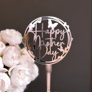 Detailed view of mother's day acrylic cake topper with butterfly and round cutout design.