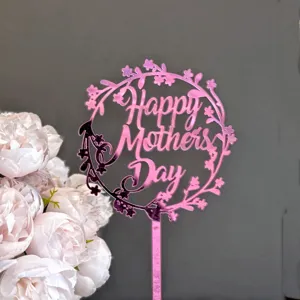 Mother's day acrylic cake topper detail view, pink floral wreath party decoration prop.