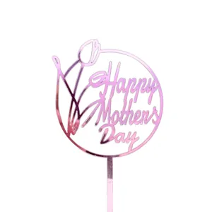 Pink acrylic Mother's Day cake topper with tulip design, perfect for party celebration.
