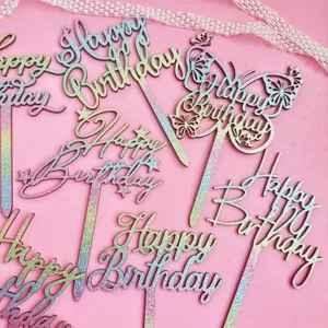 Décoration de Gâteau Happy Birthday en Acrylique Papier Pailleté Coloré Style Ins Décoration de Dessert Papillon Étoile Carte Ornements Suspendus pour Fête Fourniture