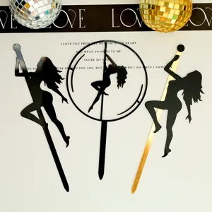 Ensemble de topper de gâteau danseuse de pole dance, silhouette acrylique noir or.