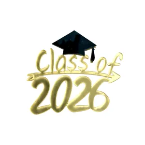 Acrylic 2026 graduation cake topper with black cap and gold lettering for party decor.