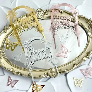 Acryl Bogen Alles Gute zum Geburtstag Torte Topper Set mit Blumen und Schmetterling.