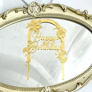Goldener Acryl Tortenaufsatz Happy Birthday mit Bogen und Blumen Design für Party Deko.