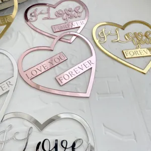 Décoration de gâteau en acrylique cœur avec texte d'amour pour fête d'anniversaire et table