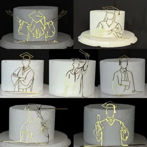 Gold acrylic graduation cake topper line art set, perfect for graduation party dessert.
