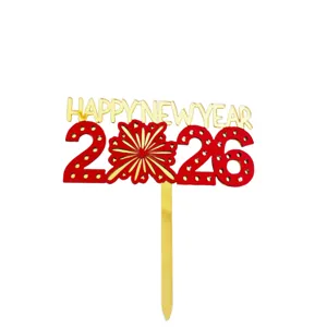 2026 Happy New Year cake topper red gold acrylic glitter party dessert decoration insert supplies