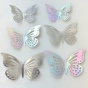 Hollow paper butterfly cake toppers, holographic metallic birthday party decorations.