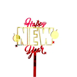 Happy New Year acrylic cake topper in gold and red design for holiday party celebrations.