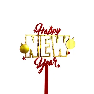 Acrylic Happy New Year cake topper detail view, red and gold party decoration insert.