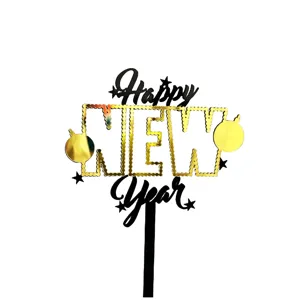 Acrylic Happy New Year cake topper gold and black glitter party decoration for celebration.