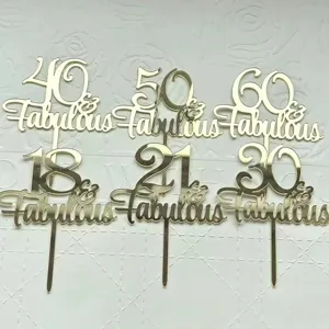 Gold Acryl Geburtstag Torte Topper Set mit Zahlen 18 bis 60 und fabulous Text fur Party.