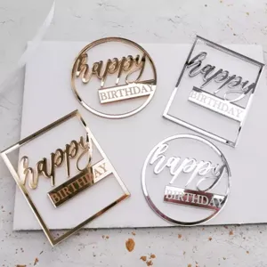Acrylic happy birthday cake topper set, gold silver round square party decoration detail