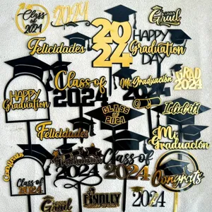 Black gold graduation cake toppers set acrylic class of 2024 party decoration supplies