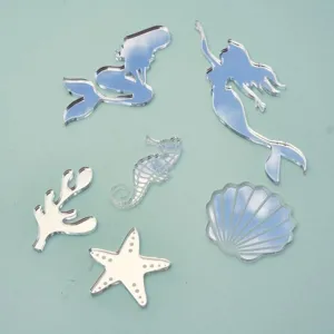Pieza decorativa tema oceano de espejo acrilico, detalle de forma sirena estrella mar.