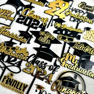 Black gold double layer acrylic graduation cake toppers for 2026 party celebration decor.