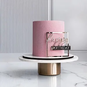 Detail view of the elegant acrylic happy birthday cake side topper in modern style.