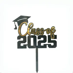 Black and gold acrylic Class of 2025 graduation cake topper decoration for party supplies