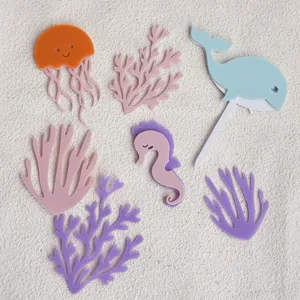 Set de cake topper de acrílico océano, decoraciones ballena medusa coral fiesta.