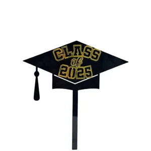 2025 Graduation Cake Topper Black Gold Acrylic Grad Cap Cake Decor for Graduation Party