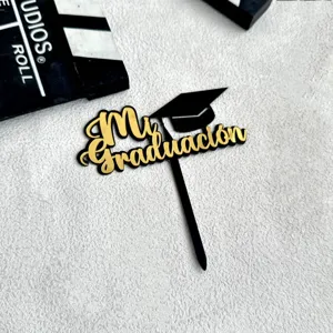 Black gold acrylic graduation cake topper for party decoration, class of 2026 celebration.