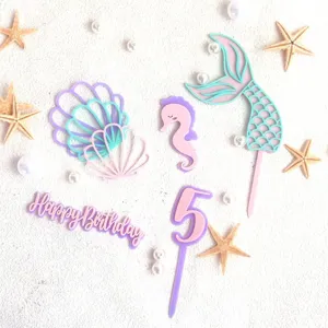 Conjunto de topper de pastel de acrilico tema oceano con cola de sirena y feliz cumple.