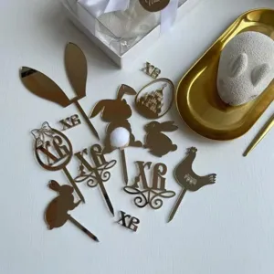Acrylic Easter cake topper set gold bunny egg cupcake decorations party supplies.