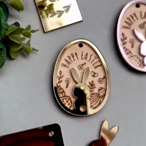 Detailed shot of Easter bunny acrylic wood pendant, holiday ornament, close-up view.