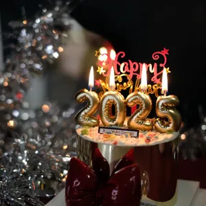 New year cake topper 2025 digital candle acrylic decoration detail closeup for party celebration.