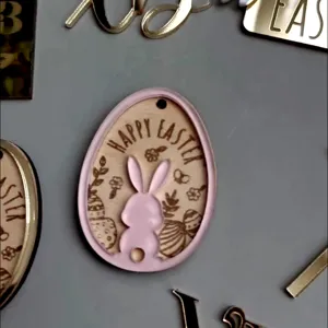Easter acrylic rabbit hanging ornament detail shot showing cute bunny and engraved wooden design.