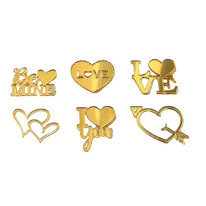 Gold mirror acrylic Valentine's Day heart cake toppers, love cupcake decorations for party.
