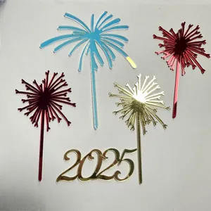 Adornos de pastel de acrílico 2025 y fuegos artificiales para fiestas de Año Nuevo.