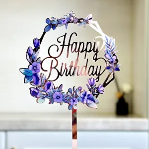 Akryliko topper tortas Charoymena Genethlia me mor pouf louloudion gia party diakosmisi