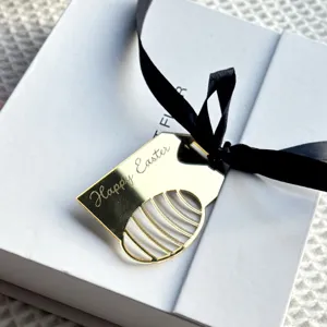 Gold acrylic Happy Easter hanging tag ribbon pendant cupcake topper holiday party decor.