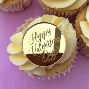 Acrylic Valentine's Day cupcake topper gold mirror round cake decoration dessert insert