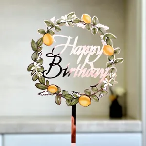 Ακριλικό διακοσμητικό τούρτας Happy Birthday με στεφάνι λεμονιού για πάρτι και γιορτή.