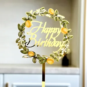 Χρυσό ακρυλικό topper τούρτας Happy Birthday με κομψό σχέδιο στεφάνου λεμονιού