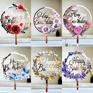 Ins Styl Anthiki Chromati Ektyposi Akryliko Happy Birthday Cake Topper Chryso Rodochryso Stroggylo Geometriko Diakosmisi Party