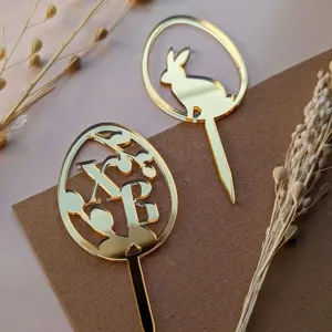 Gold mirror acrylic Easter cake topper set, bunny and egg shaped cupcake decorations.