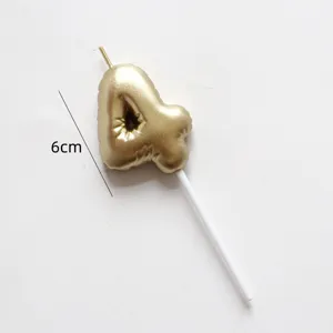 Gold balloon number 4 birthday cake candle with white stick, 6cm party topper decor
