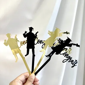 Acrylic Graduation Cake Topper Congrats Grad Party Cake Decoration Black Gold Graduate Silhouette Party Supplies