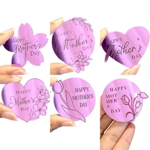Acrylic Mother's Day cake toppers set, purple mirror finish floral and heart designs.